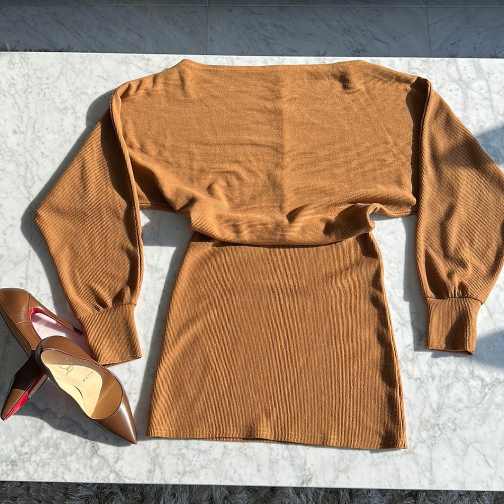 Dark Tan Off The Shoulder Knit Mini Dress